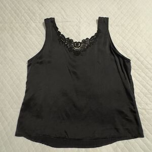 100% Silk Vtg Small Silx Black Camisole Black Lace Trim Sleeveless Goth Fairy